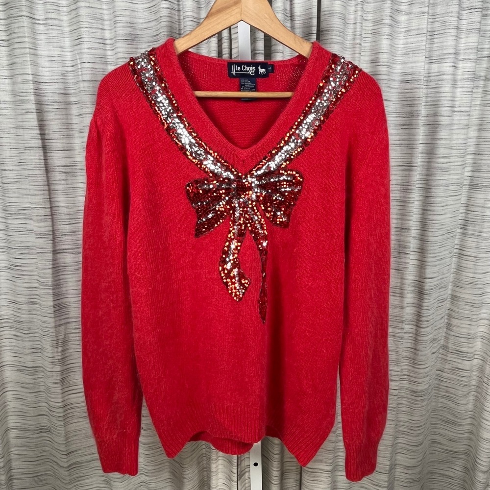Le Chois Sweater Red Womens Large Silk Angora Sequin Bow Holiday Vintage